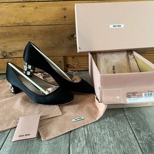 Miu Miu Rare Black Satin Crystal Heel Pumps Size 39 1/2